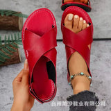 Breakj Large-Size Cross-Slip With Flat-Soled Sandals Women Retro Style Wide Fashion Strip Beach Cool Slippers