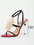 Breakj For The New Round Head Plating Fine High-Heeled Sandals Women's High Heel Lace Shiny Floral