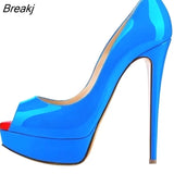 New Women Pumps Sexy Platform Peep Toe 14cm Extremely High Heels Stiletto Patent Leather Party Nighclub Red Wedding