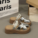 Breakj Version Of The Trend Fashion Slippers Women's Hollow Beads Wearing Beach Shoes Simple Thick Soles Small Height
