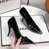 Breakj Summer New Black Patent Leather High Heels Fine Heel Temperament Square French Girl Professional Fashion Single
