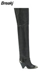 Pointed Toe Thigh High Boots for Women Sexy Rivet Stud Slip On Women's High Boots Tassel Decor Spike High Heel Botas