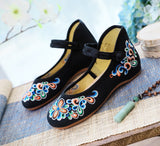 Breakj And Autumn Shallow Mouth Round Head Canvas Embroidered Cloth Shoes A Word Button Mother Shoes Women's Shoes Single