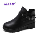 boots 2019 Rivet heels PU Leather women winter boots warm fur plush Insole ankle boots women shoes Buckle Strap