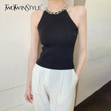 Sexy Black Patchwork Diamonds Chain Vests For Women O Neck Sleeveless Solid Slim Tank Tops Female 2021 Summer