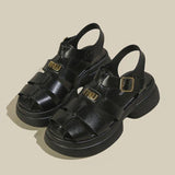 Roman Sandals Women's Summer Thick Soles And High Heels Hollowed-Out Black Leather Shoes Mary Jane Love Shoes Single