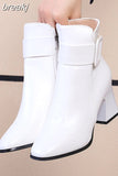 Ankle Buckle Decoration White Black Thick High Heel Ankle Boots Women 2023 Pointed Toe Keep Warm Elegant Short