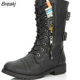 Women Boots Zip Buckle Military Combat Boots Credit Card Pocket Booties Lace Up Black Shoes Motorcycle Boots Take Zipper