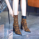 Breakj Fashion Boots Women's High Heel 2024 Winter New Suede Versatile Thin Boots Pointed Thick Heel Leopard Print Short