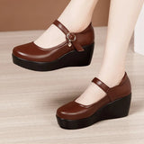 Spring And Autumn Middle Heel Slope Single Shoes Women's Muffin Thick Bottom Waterproof Platform One Word Buckle Shallow Mouth Flat Sole High Heel Mother's