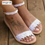 Womens Flats Comfortable Open Toe Summer Sandals Casual Beach Shoes Slip-on Lace Plus Size Rome Sandals Women