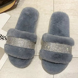 Luxury Rhinestone Women Warm Fur Slippers Cozy Fluffy Furry Slides Crystal Flat Indoor Slides Design Home Shoes Ladies