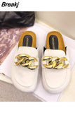 Women's Sandals Slippers 2023 Fashion Loafers INS Style Mules Shoes Summer Beautiful Gold Chain Flat Slippers（Size