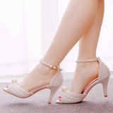 Breakj Cm Pearl Fish Mouth High Heel Sandals Shallow Buckle With Large-Size Round-Head High Heel White Ribbon Wedding