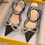 New Fashion Glitter Rhinestones Women Pumps Crystal Bowknot Silk Pointed Toe Buckle Strap Thin High Heels Party Prom