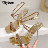 Gold Silver Crystal Stiletto High Heel Women Sandals Sexy Square Toe Buckle Strap Wedding Prom Shoes Designer