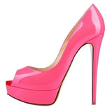New Women Pumps Sexy Platform Peep Toe 14cm Extremely High Heels Stiletto Patent Leather Party Nighclub Red Wedding