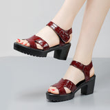 Breakj Leather High Heel Waterproof Sandals Women Fashion Crocodile Pattern Walking Shoes Summer Coarse Heel Magic Sticky H Women's