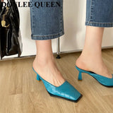 Weave Slippers Women High Heel Square Toe Shallow Mule Outdoor Slide Fashion Black White Plaid Flip Flops Zapatillas