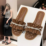 Size Pearl Chain Slippers Female 2024 Casual Temperament One Character Flat Slippers Fairy Wind Slippers