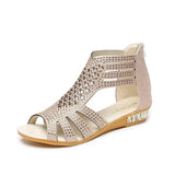 Women's Sandals Summer Golden Zipper Sandal Open Toe Gladiator Hollow Low Heel Sandals Bling wedges Pumps Ladies'