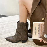 Rivets Western Boots for Women 2023 Autumn Winter PU Leather Mid Calf Boots Woman Thick Heels Pointed Toe Cowboy