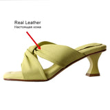 Size 34-40 Women Sandals Genuine Leather High Heels Summer Mules Shoes For Women Open Toe Bow Party Slippers