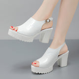 Breakj Mouth Patent Leather Crocodile High Heel Sandals Summer White Wedding Shoes Waterproof Table Thick Cheongsam Walking Shoes Coarse Heel Women's