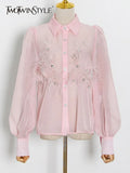Casual Solid Shirt For Women Lapel Long Sleeve Patchwork Feathers Button Through Blouse Female Fashion Clothing