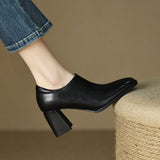 New Square Head Retro Casual Single Shoes Thick Heel Side Zipper Deep Mouth High Heel Square Head Black Solid Color Single Shoes