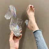 New High-Heeled Sandals Transparent Thick Heels Double-Row Slippers Large Size Square Head Transparent