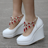 Queen Ankle Strap Wedges Pumps Large Size Bridal Women Rhinestone Platform Shoes Mary Jane High