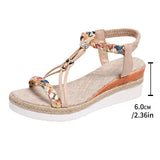 Breakj And Summer New Round Head Flat Bottom Heel Sandals Women Weaving Beads Toe Bohemian Thick-Soled Beach
