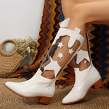 Transparent Knee High Boots Women Pointed Toe Chunky Heels Cowbot Boots Woman Patent Leather Patchwork Long Botas