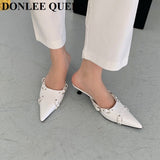 Rivet Mule Shoes Women Slippers Slip On Slides Pointed Toe Low Heels Pumps 2023 Cover Rome Basic Sandals Female