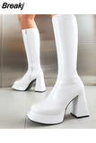 Autumn Women Mid Calf Boots Platform Block High Heels Slim Fit Zip Sexy Party Luxury Long Boots Big Size Shoes