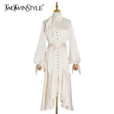 Asymmetrical Lace Up Dress Female Stand Collar Flare Sleeve High Waist Hollow Out Midi Dress Women 2022 Fashion
