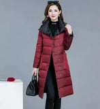 Women Double Sided Down Long Jacket Double Breasted Snow Outwear Warm Parka Stand Collar Lapel 90% White Duck Down