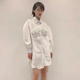 Loose Shirt For Women Lapel Long Sleeve Patchwork Floral Solid Button Through Blouse Female Fashion Clothing
