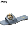 Fashion Metal Chain Summer Mules for Women Square Head Slip on Flip Flops Slides Slipper Women's Sandal Flat Shoes
