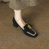 New French Retro Color Matching Single Shoes Women's Square Toe Small Leather Shoes Leather Medium Thick Heel