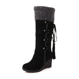 Women Boots Wedge High Heel Winter Shoes Black Snow Boots Knee High Thick Warm Fur Boots Plus Size 41 42 43