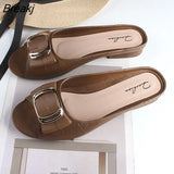 Ladies Sandals Summer Half Slippers Women's Fashion Square Buckle Casual Thick Heel Outer Wear Flat