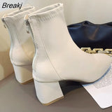 Winter Hot Luxury Women 5cm Block High Heels Ankle Boots White Beige Heels Leather Short Boots Western Chelsea Boots