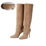 High Heels Western Boots Fashion Knee High Boots Woman Microfiber Red High Heel Long Boots Pointed Toe Autumn Winter
