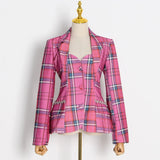 Rose Plaid Blazers For Women Slim Cut Out Back Lapel Long Sleeve Colorblock Coats Female 2022 Autumn Fashion