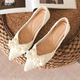 Green Soft Pointed Toe Flat Shoes Women Ballet Shoes 2023 Spring New Pearl Bow Korean Ladies OL Office