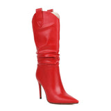 White Red Cowboy Western Boots Women Pleated Mid Calf Cowgirls Leather Shoes 2023 Spring Fall Thin High Heels Size