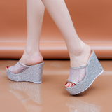 Golden Women Slippers Summer Shoes Platform 4cm Outside Fitting-room 11cm High Heels Wedges Solid Mesh Female Sliver