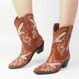 New 2023 Spring Autumn Western Boots With Flower Fashion Cowgirl Walking Comfy Woman Ankle Boot